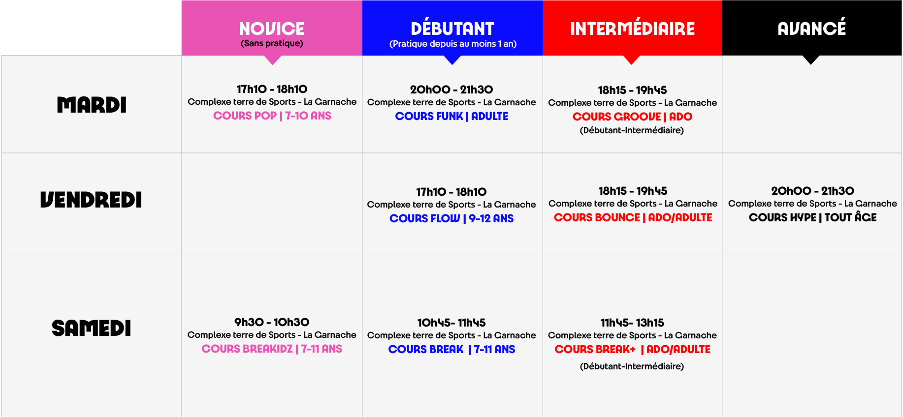 cours et tarifs